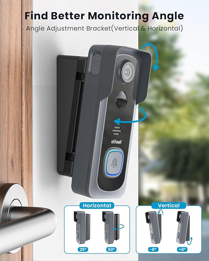 ieGeek 2K Wireless Doorbell Camera No Subscription with 145° Adjustable Angle Mount, Smart Video Doorbell with Chime, Motion Detection, 2-Way Talk Voice Changer, Works with Alexa, Only 2.4Ghz WiFi