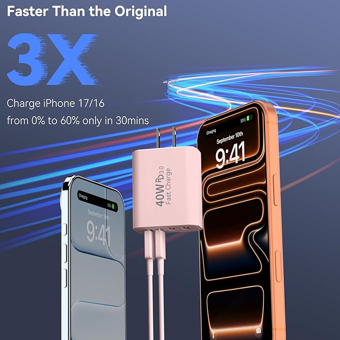 USB C Wall Fast Charger Block, 40W 4-Port Type C Chargers Fast Charging Blocks PD Power Charger Adapter+QC 3.0 USB Multiport Charger Brick for Phone 17/16/15/14/13/12 Pro Max, i-Pad, Galaxy S25-2Pack
