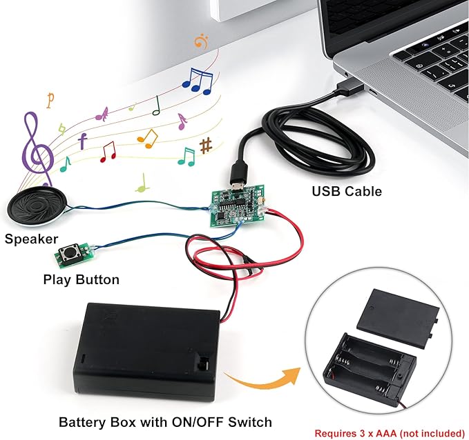 Geekstory Recordable Sound Module 8M Button Control Music Voice Chip Programmable with Speaker+Battery Box for DIY Music Greeting Card Christmas Creative Gift