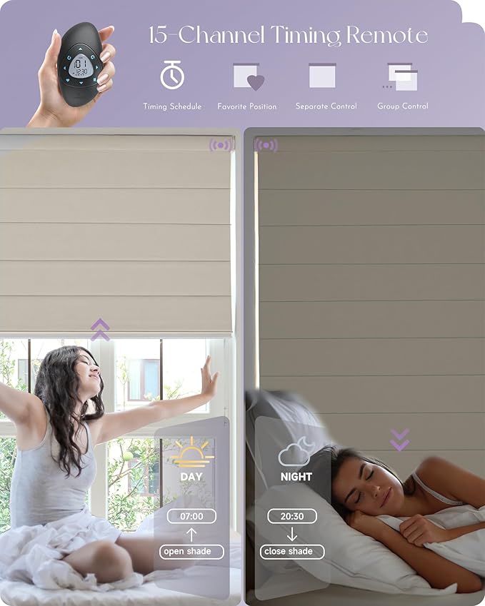 Graywind Smart Roman Shades 100% Blackout Compatible with Alexa Google Rechargeable Motorized Window Blinds Remote Control Room Darkening Plain Fold, Custom Size (Matelasse Beige)