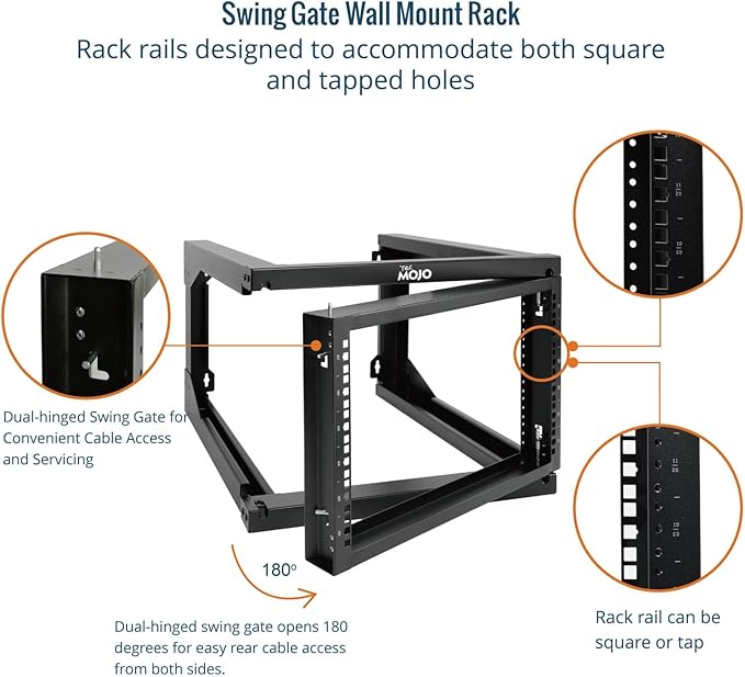 Tecmojo 6U Wall Mount Server Rack Swing Gate, 19in Computer/AV/Data/IT/Media Equipment, Black, Cold Rolled Steel, 24in Depth, Square&Tapped Holes