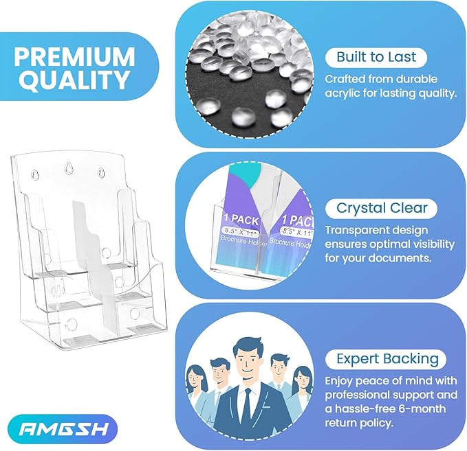 AMGSH 3 Tier Brochure Stand - Acrylic Literature Holder with Removable Divider for 4' x 9' Brochure, Clear Flyer Holder Pamphlet Display Stand