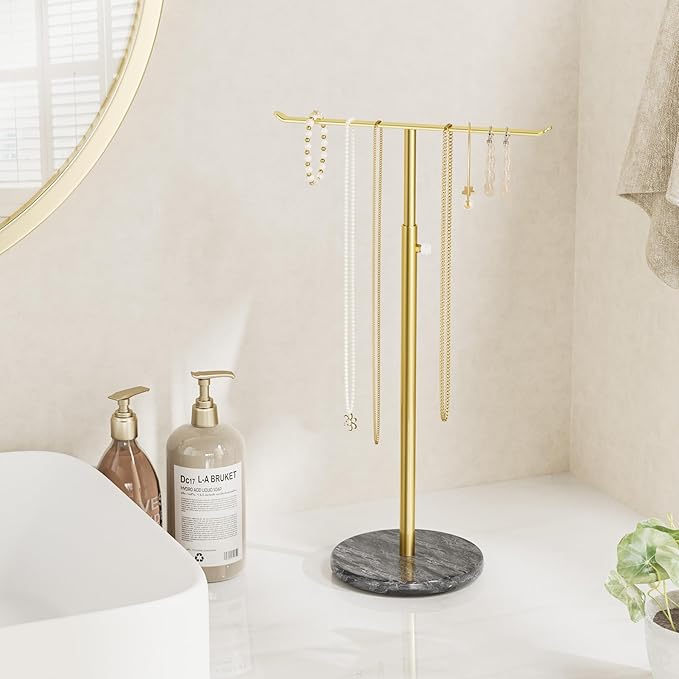 Josmimic Gold Necklace Holder Jewelry Organizer Stand – Adjustable Height T‑Bar Jewelry Display with Dark Gray Marble Base, Necklace & Bracelet Holder, Countertop Jewelry Stand