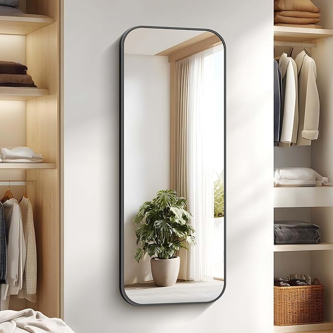 Bathroom Mirror, 60 x 24 inch Metal Framed Black Rectangle Mirror, Rounded Corner Rectangular Vanity Mirror, Large Wall Mounted Mirror for Modern Bedroom Living Room Horizontal or Vertical