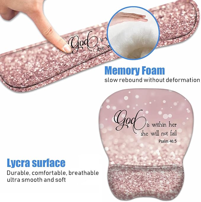 Ergonomic Mouse Pad Wrist Support and Keyboard Wrist Rest Set with Coasters, Non-Slip PU Base, Easy Typing & Pain Relief for Computer Laptop Home Office, Bible Verse Psalm 46:5