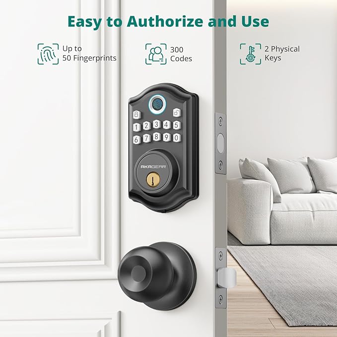 AkaGear DS10 Keyless Entry Door Lock with Door Knob, Fingerprint Door Lock, Electronic Keypad Deadbolt, Smart Door Lock, Smart Locks for Front Door, Auto-Lock - Matte Black