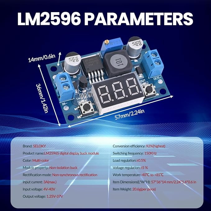 Seloky LM2596 Adjustable DC-DC Step-Down Buck Converter Module with LED Voltmeter Display, Voltage Regulator 4.0-40V Input to 1.25-37V Output Power Supply Module (Pack of 2)