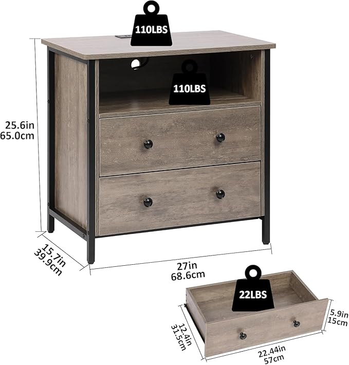 Tykacna 27 Inch Wide Night Stand, Lrage Wood Night Stand Set 2 with 2 Drawers, LED Nightstand with Charging Station and Adjustable Drawer, Bedside Table for Living Room/Bedroom/Study/Office, Gray.