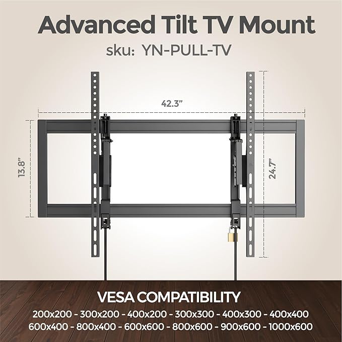 ynVISION.DESIGN Tilt TV Wall Mount for Large TVs 55-105 in | Tilt & Swivel | Pulls Out 7in for Easy Access | Max VESA 1000x600 mm & 176 lbs | Designed to hit 3 Studs | Anti-Theft & Slides to Center