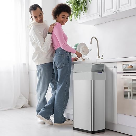 Arlopu 21.1 Gal Automatic Trash Can, 80L Stainless Steel Motion Sensor Garbage Bin, Touchless Brushed Wastebasket, W/Butterfly, Soft-Close Lid, for Living, Dinning Room, Kitchen (Silver)