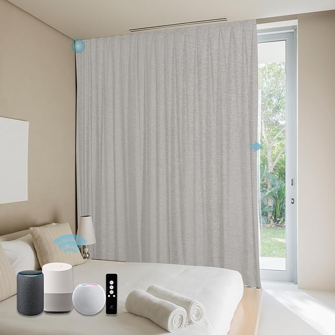 SmartWings Automatic Curtain Opener with Drapery, Motorized Vertical Blinds with Remote, Electric Closet Doors Sliding Panels Compatible with Alexa Google Homekit, 90% Blackout Cream