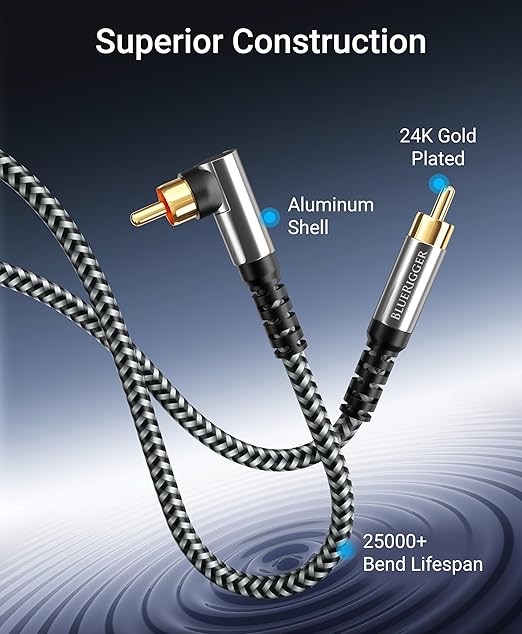 BlueRigger Subwoofer Cable 90D (35FT, RCA Audio, Dual Shielded, Gold Plated, Right Angled Male RCA Connectors) – Compatible with Subwoofer, Amplifier, Home Theater