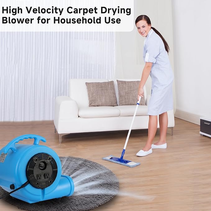 blessny 1/2 HP ETL Listed Carpet Dryer Fan, 2600 CFM Air Blower Mover for Home Drying, 15 Ft Long Cord Portable Floor Blower Fan with 3-Speeds Daisy Chain Function (Blue)