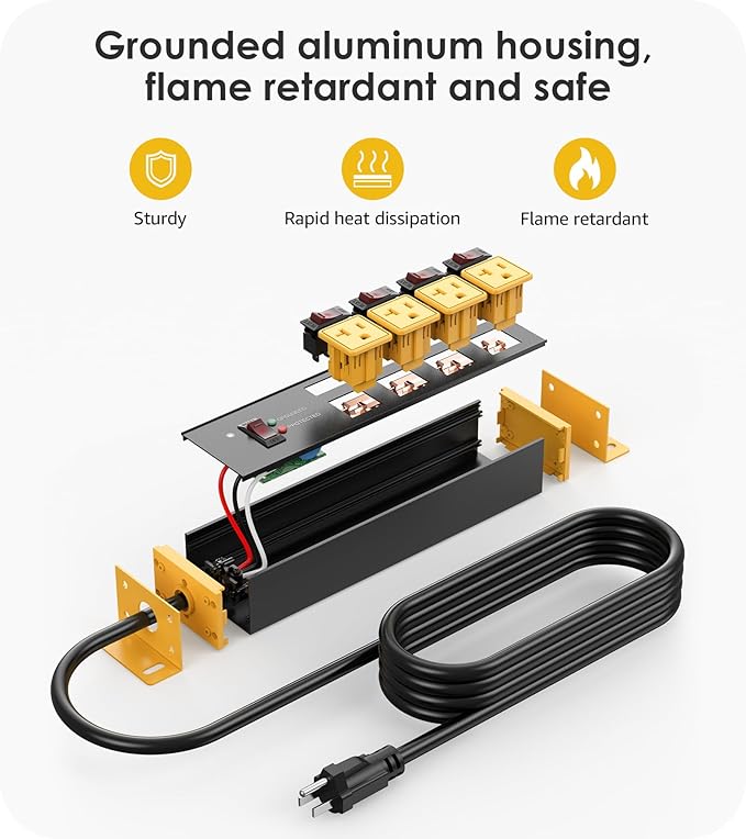 CCCEI Heavy Duty Surge Protector Power Strip 20 Amp Individual Switches. 15FT 12 Gauge Extension Cord with Multiple Outlets. Kitchen, Garage, Shop, Industrial Wall Mount Electric Extender, Yellow.