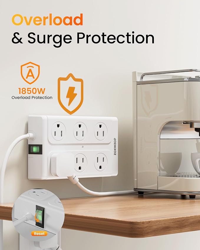 Zoxwzop Surge Protector Power Strip - 12 Outlets(1850W/15A) 6 USB Ports（2 USB C, 6FT Flat Plug Extension Cord, Wall Mount Multi Plug Outlet Extender, ETL Listed for Home, Dorm Room