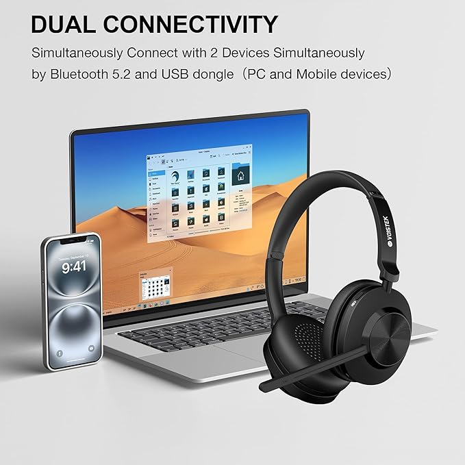 Wireless Headset with Mic, Wireless Work Headset with Mic Noise Cancelling & Mute Button (with Bluetooth V5.3, USB Dongle) for PC Computer Laptop Cell Phones Remote Work Home Office Call Center Zoom