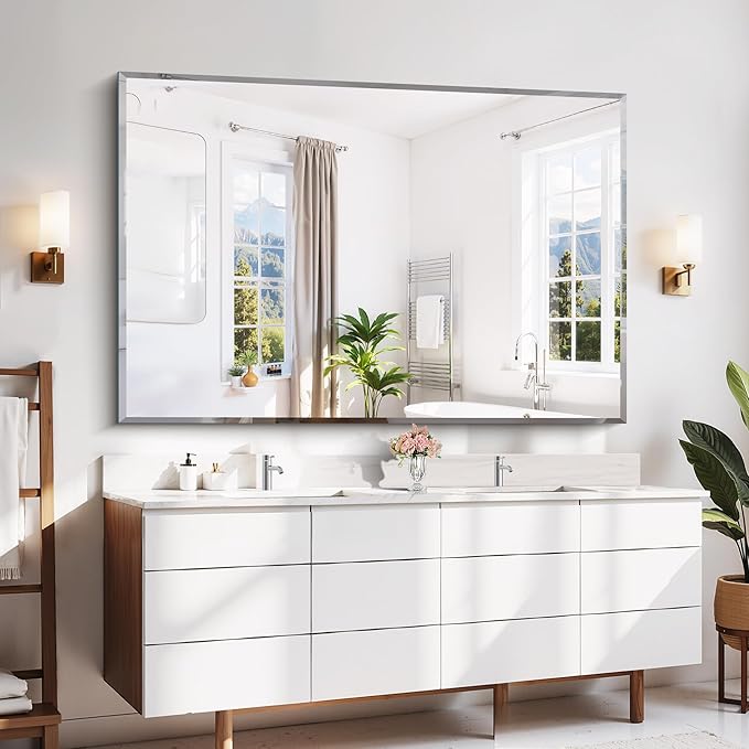 CILIBER 60x40 Large Beveled Mirror, Frameless Beveled Bathroom Mirrors for Over Sink, Upgraded Shatterproof Beveled Frameless Vanity Mirror for Bathroom,Bedroom,Living Room and Entryway