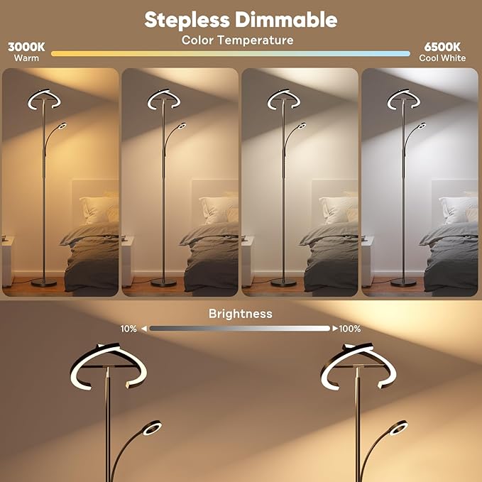 SIBRILLE Upgraded RGBCW Floor Lamp with Reading Lamp, Rotatable Remote Control LED Standing Lamp Dimmable Floor Light Modern Standing Light for Living Room Bedroom Home Office, 36W, Black