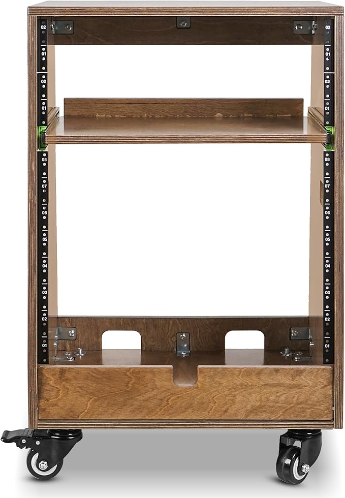 Sound Town DIY Slanted 12U Studio Rack (4U Top + 8U Lower), with 2U Bottom Storage, Slide-Out Tray, Caster, Plywood, Weathered Brown For Recording Room, Home Studio (SDRK-ST12TB)