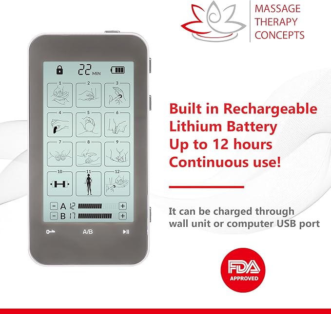 Massage Therapy Concepts Deluxe TENS Unit Muscle Stimulator & Accessories - Non-Invasive EMS Machine for Neck & Back Pain Relief, Sciatica - Electrotherapy with 12 Modes & 20 Intensity Levels