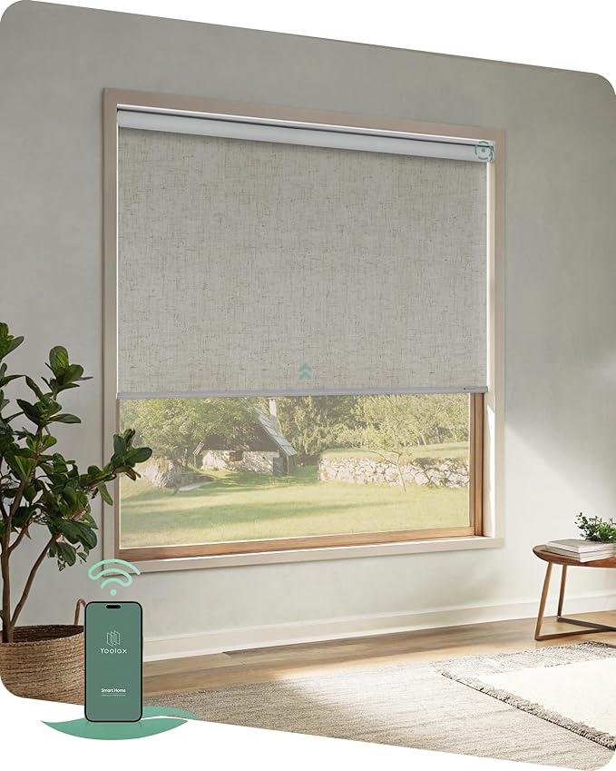 Yoolax Motorized Blinds App Control, Blackout Roller Shades for Windows, Cordless Automatic Shades Roller Window Blinds for Bedroom Living Room Office(Blackout Artisan Beige, 50" W x 72" H)