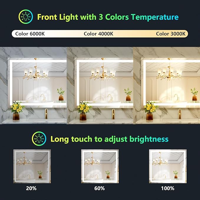 YEELAIT 40x36 Inch RGB LED Bathroom Mirror Front Light and RGB Backlit Lighted Vanity Mirror for Bathroom Wall Mounted Dimmable Anti Fog Memory Shatter-Proof IP54 Waterproof Horizontal/Vertical