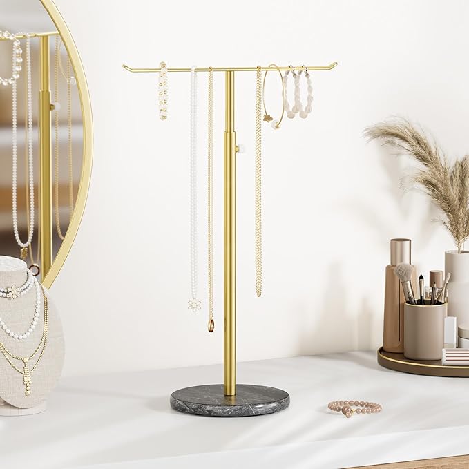 Josmimic Gold Necklace Holder Jewelry Organizer Stand – Adjustable Height T‑Bar Jewelry Display with Dark Gray Marble Base, Necklace & Bracelet Holder, Countertop Jewelry Stand