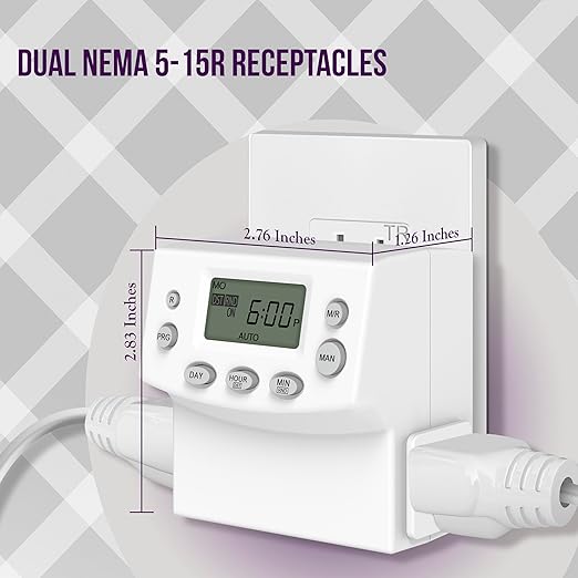 ENERLITES Heavy Duty Programmable Digital Plug-in Timer for Electrical Outlets, Timer Outlet for Lights, Lamps, Grounded Outlet, 7 Day Random, 120V 15A 1200W, HET07, White, 2 Pack