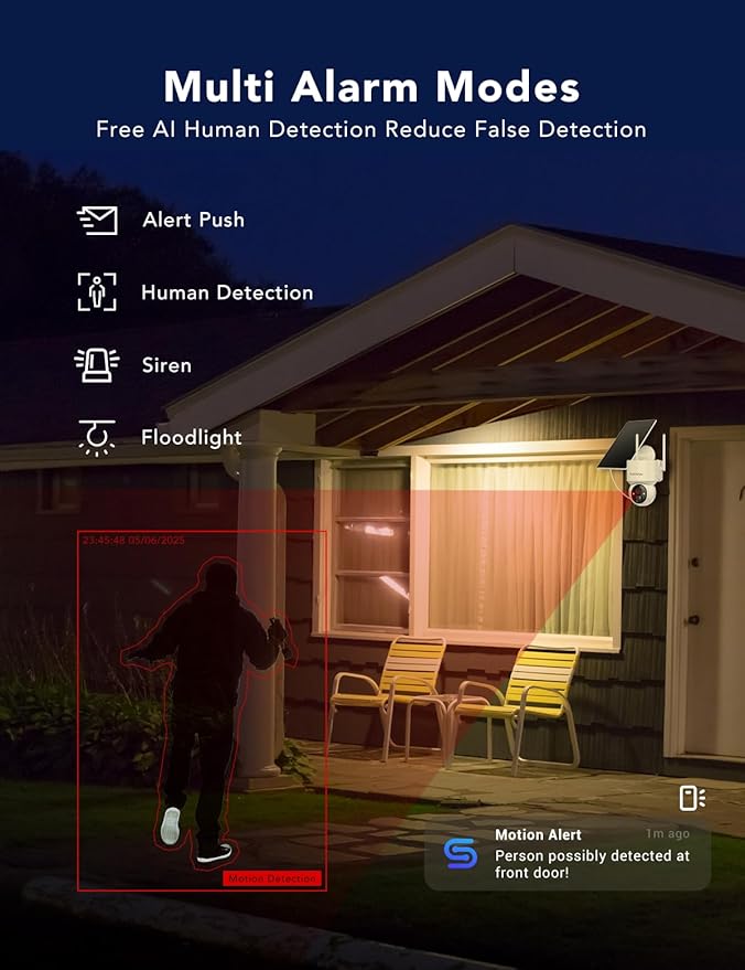 FAMVIVA 2K Solar Security Cameras Wireless Outdoor, 360°PTZ Battery Powered Cameras for Home Security, 2.4G WiFi Outdoor Camera with Color Night Vision, IP66 Waterproof, Motion Sensor Alarm, White