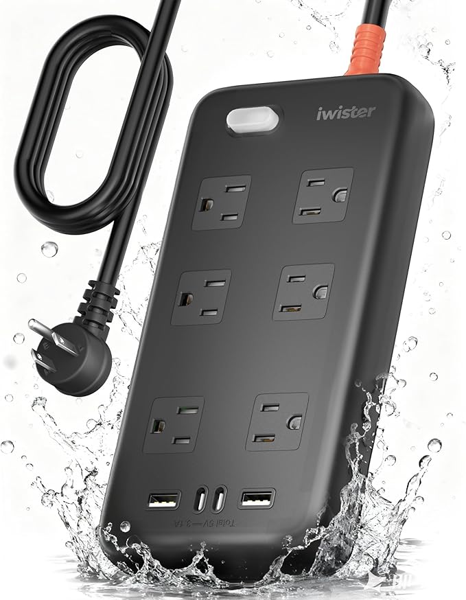 Iwister Outdoor Power Strip Weatherproof IPX6,6 Ft Extension Cord,4 USB Ports & 6 Wide Outlets for Multiple Devices,Wall Mountable for Yard,Workshop,Poolside,RV Camping,Black