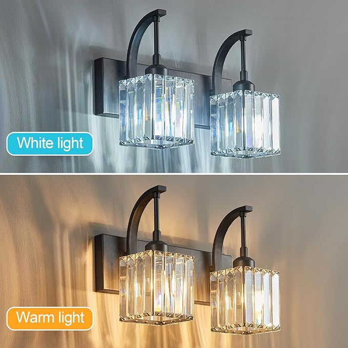 FDPBY Crystal Vanity Lights 2-Light Black Wall Lamp Modern Crystal Bathroom Light Fixtures Over Mirror 13.77" Long Bathroom Wall Sconce