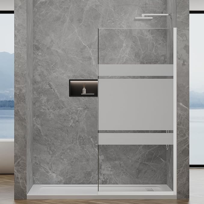 36"x76" Fixed Glass Shower Door, 3/8"(10mm) Thick Mid-Band Frosted Privacy Tempered Glass, Frameless Shower Glass Panel, Shower Screen Half Wall for Walk in Shower, Brushed Nickle