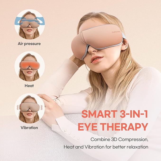 HubiCare Eye Massager with Heat, Vibration, and Music Helps Relieve Strain, Dark Circles, Dryness, and for Migraine Relief Relaxation and Better Sleep Valentines Day Gifts for Women/Men (Rose Gold)