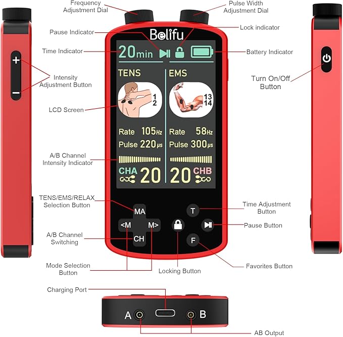 TENS EMS Unit Muscle Stimulator for Pain Relief Therapy - 4 in 1 TENS & EMS & Relax & Custom Frequency+Pulse - Muscle Massager 36 Modes 20 Intensity, Memory & Favorites Function, 3.8" Color Display