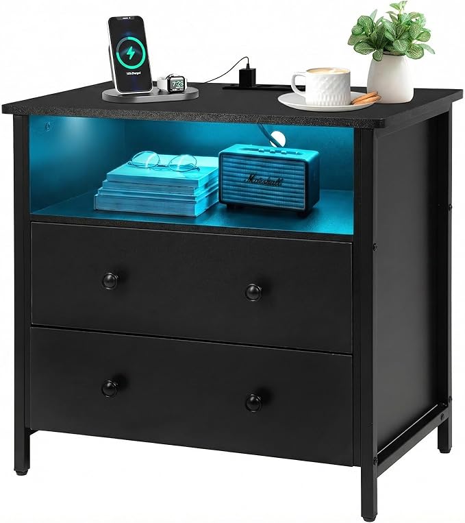 Tykacna 27 Inch Wide Night Stand, Large Wood Night Stand with 2 Drawer, LED Nightstand with Charging Station and Adjustable Drawer, Bedside Table for Living Room/Bedroom/Study/Office, Black.