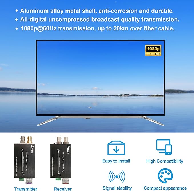 Hereta Mini 3G-SDI Video Extender with SDI Loop Output 1080P 3G-SDI Fiber Converter Extension of Distances Up to 20km Over Single-Mode Optical Transceiver and Tally or Reverse RS485
