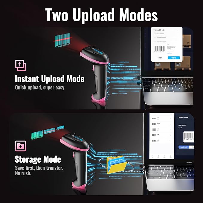 Tera Barcode Scanner Wireless Versatile 2-in-1 (2.4Ghz Wireless+USB 2.0 Wired) with Battery Level Indicator, 328 Feet Transmission Distance Rechargeable 1D Laser Bar Code Reader Handheld 5100 Pink
