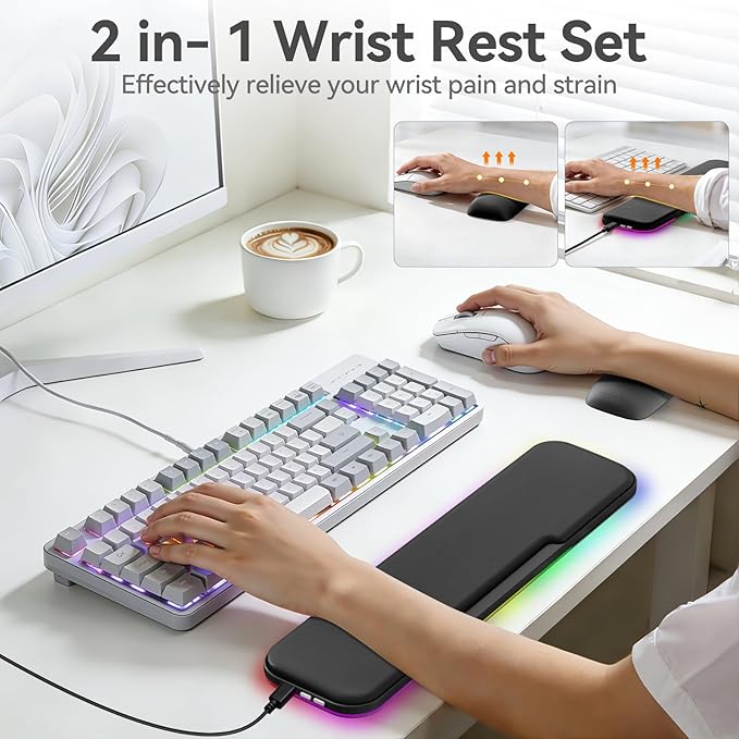 KONDOUND 2-in-1 Heated Wrist Rest Set, Ergonomic Memory Wrist Pad with RGB Lights and Non-Slip Base, Keyboard Mouse Wrist Rest for Computer Laptop Office Work and PC Gaming