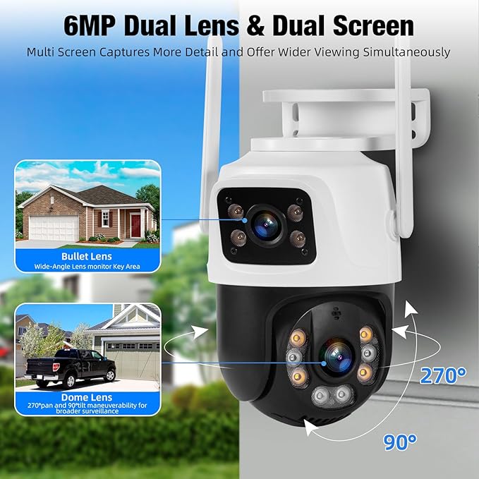 Fuers 6MP Wireless Security Camera, Surveillance Cameras Dual Lens Linkage,360°View,Human Detection,Auto Tracking,Light Alarm,Night Vision,Two-Way Audio,Outdoor Indoor IP66 WiFi Camera