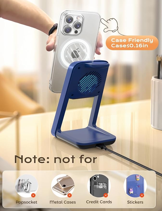 Apor 3 in 1 Charging Station for iPhone, Magsafe Wireless Charger with Cooling Fan for iPhone 17 16e 16 15 14 13 12 Series & Apple Watch Charger, Wireless Charging Station for AirPods 4/3/Pro (Blue)