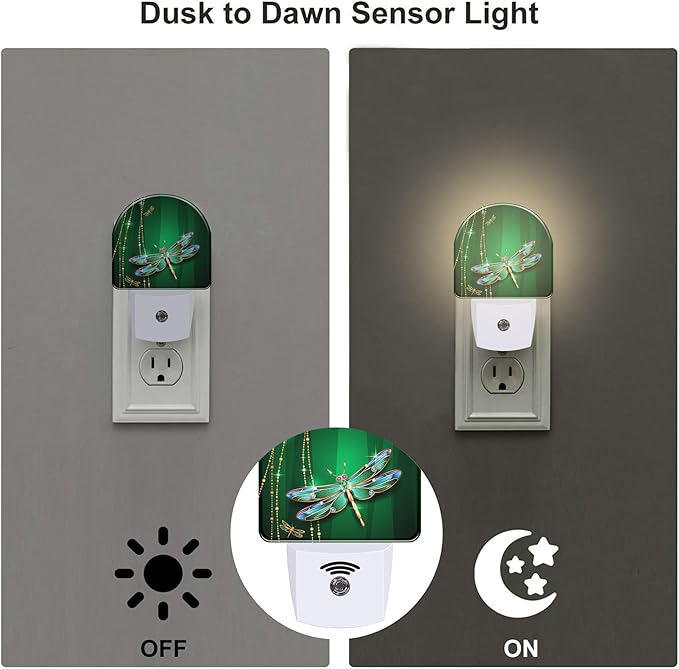sndheke Green Jewel Dragonfly Night Light for Kids,Luxuxy Gold Dragonfly Night Light Plug in with Dusk to Dawn Sensor,0.5w Energy Saving Sleep Friendly Nightlight for Hallway Stairway Kitchen Bedroom