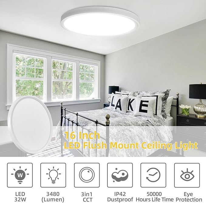 RLEDPZTX Led Flush Mount Ceiling Light,16 Inch 32w 3480lm,3000k/4000k/6000k 3CCT Selectable, Round Modern Flat Panel Super Slim Led Ceiling Light,for Living Dining Kitchen Bedroom Room (1Pack-White)