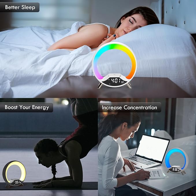 GuDoQi Sunrise Alarm Clock with Fast Wireless Charger Station and Bluetooth, Full Screen with Sunrise Simulation Light, Sleep Aid, Dual Alarms, FM Radio, More Than 10 Colors Nightlight for Bedrooms