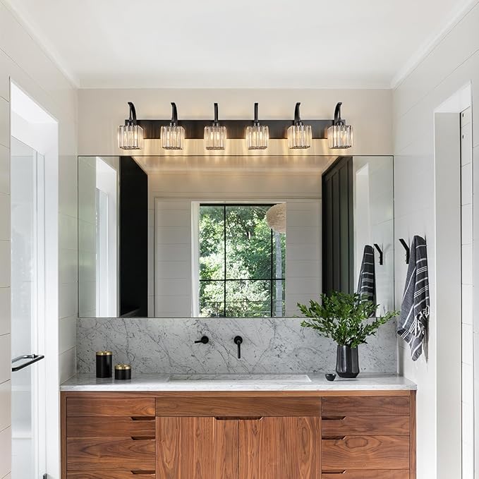 FDPBY Crystal Vanity Lights 6-Light Black Bathroom Vanity Lights Modern Crystal Bathroom Light Fixtures Over Mirror 51.18" Long Vanity Light for Bathroom
