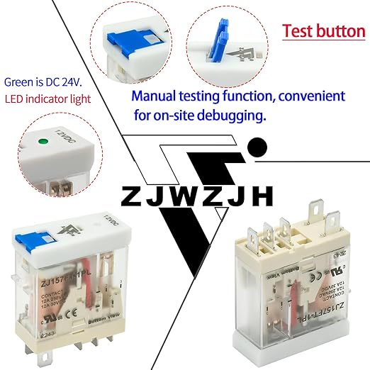 ZJWZJH 12 Amp Power Relay Switch 12V DC Relay Coil, 5 Pin SPDT 1NO 1NC with Test Button, LED Module Light, Socket Base, DIN Rail, UL Certification (5 Pin- 12A, DC 12V)
