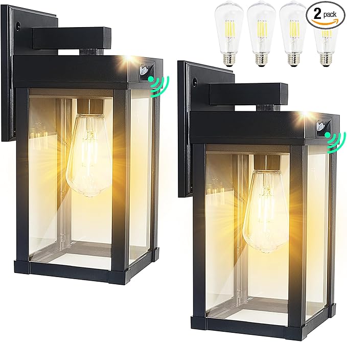 CYHKEE 2 Pack Solar Wall Lights Outdoor Waterproof with 3 Lighting Modes & Motion Sensor, Dusk to Dawn Exterior Porch Light fixtures, Solar Wall Lantern Fixture for Garage Porch Yard Front Door