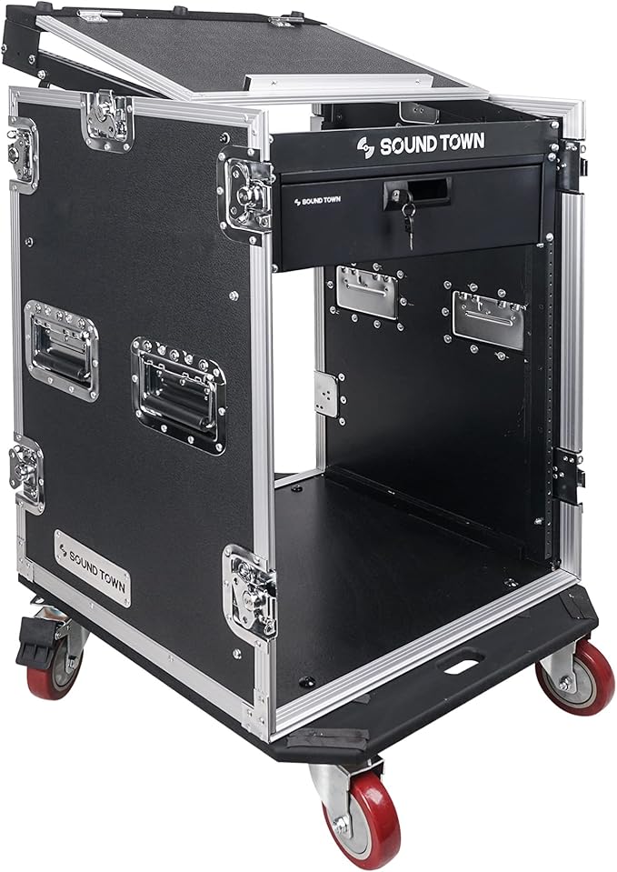 Sound Town Heavy-Duty 1/2" (12mm) Plywood 14U PA DJ Pro Audio Rack/Road ATA Case with 11U Slant Mixer Top, Locking Drawer, 20’’ Rackable Depth and Casters (STMR-14D3)