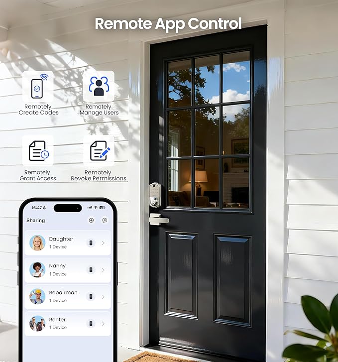 Veise VE017-B Fingerprint Smart Lock for Front Door, App Control, 7-in-1 Keyless Entry Deadbolt with 2 Zinc Alloy Lever Handles Set, Emergency Power Port, Auto Lock, Electronic Keypad, Satin Nickel