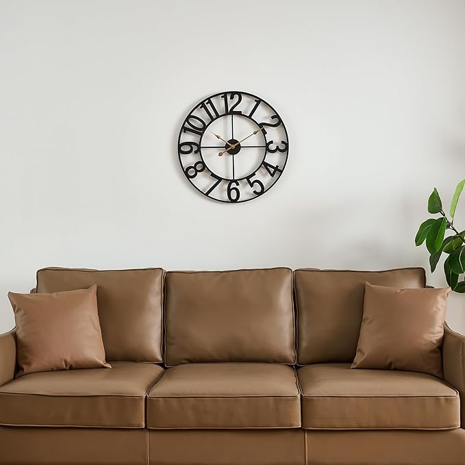 Alarmore Wall Clocks for Living Room Decor, Large Wall Clock Silent Battery Operated, Rustic Industrial Farmhouse Black Metal Wall Clocks for Kitchen, Bedroom, Dining Room-24 in