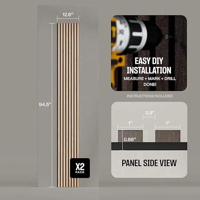 2-Pack Wood Panels for Wall - Acoustic Wood Slat Wall Panels, Soundproof Wooden Paneling for Interior Decor